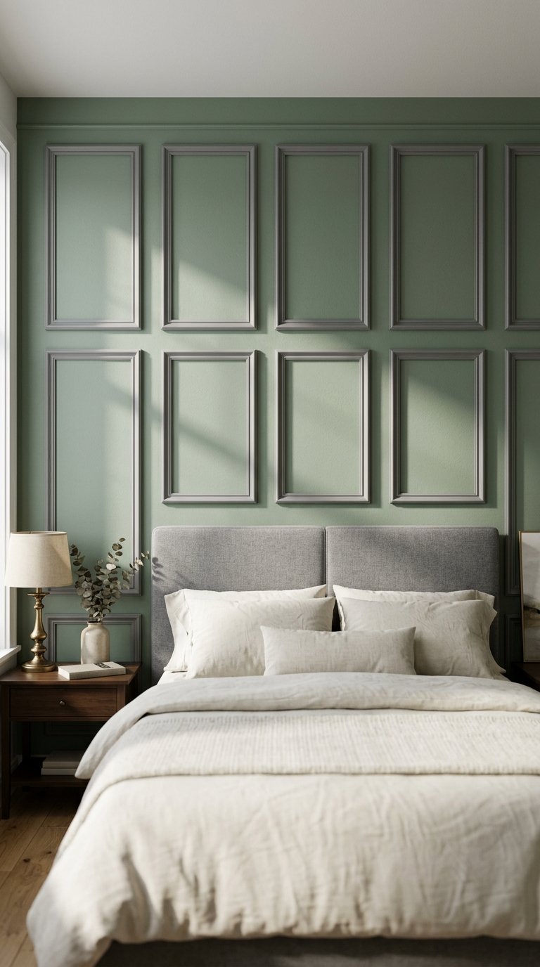 Grey Picture Frame Molding on a Sage Green Accent Wall