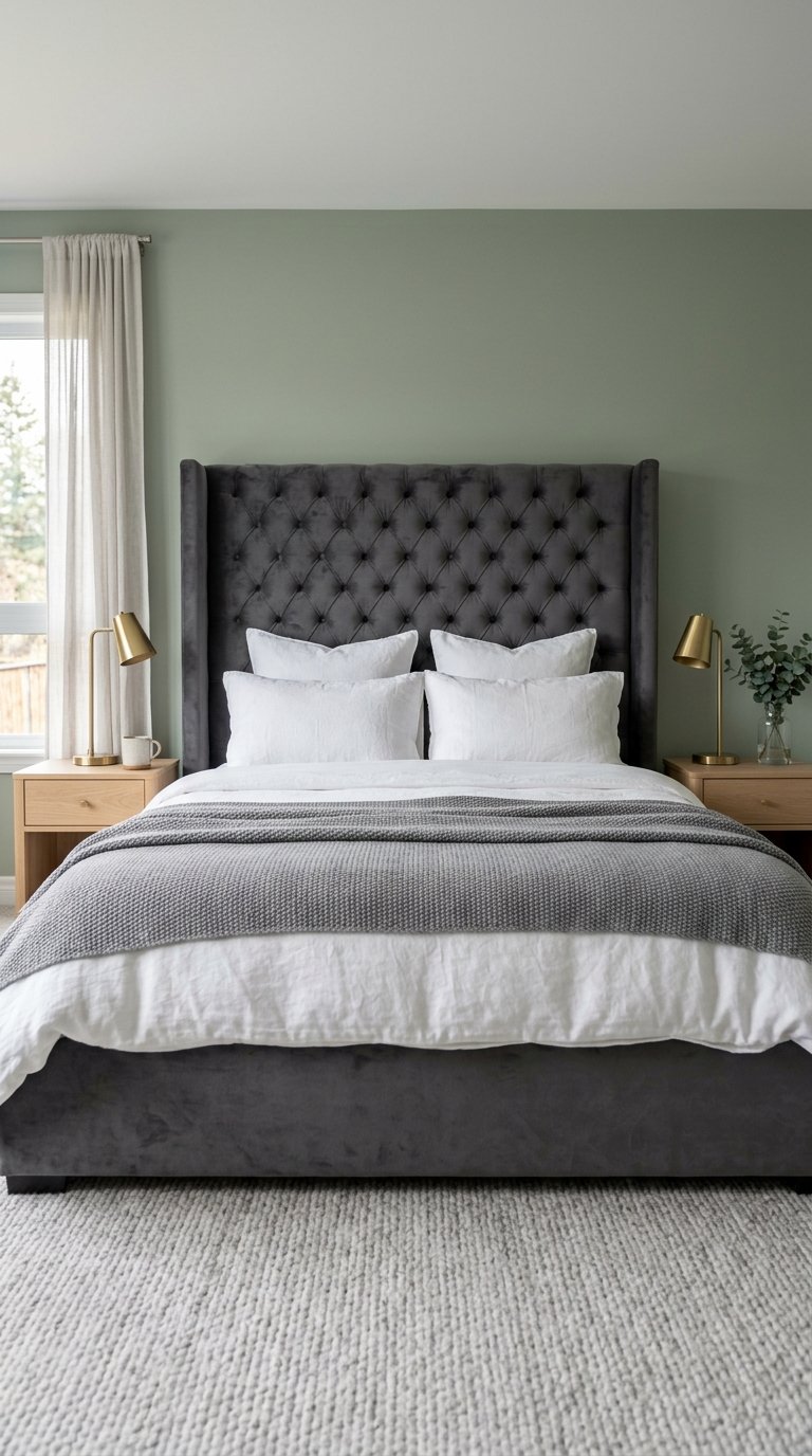 Grey Upholstered Headboard Against Sage Green Walls