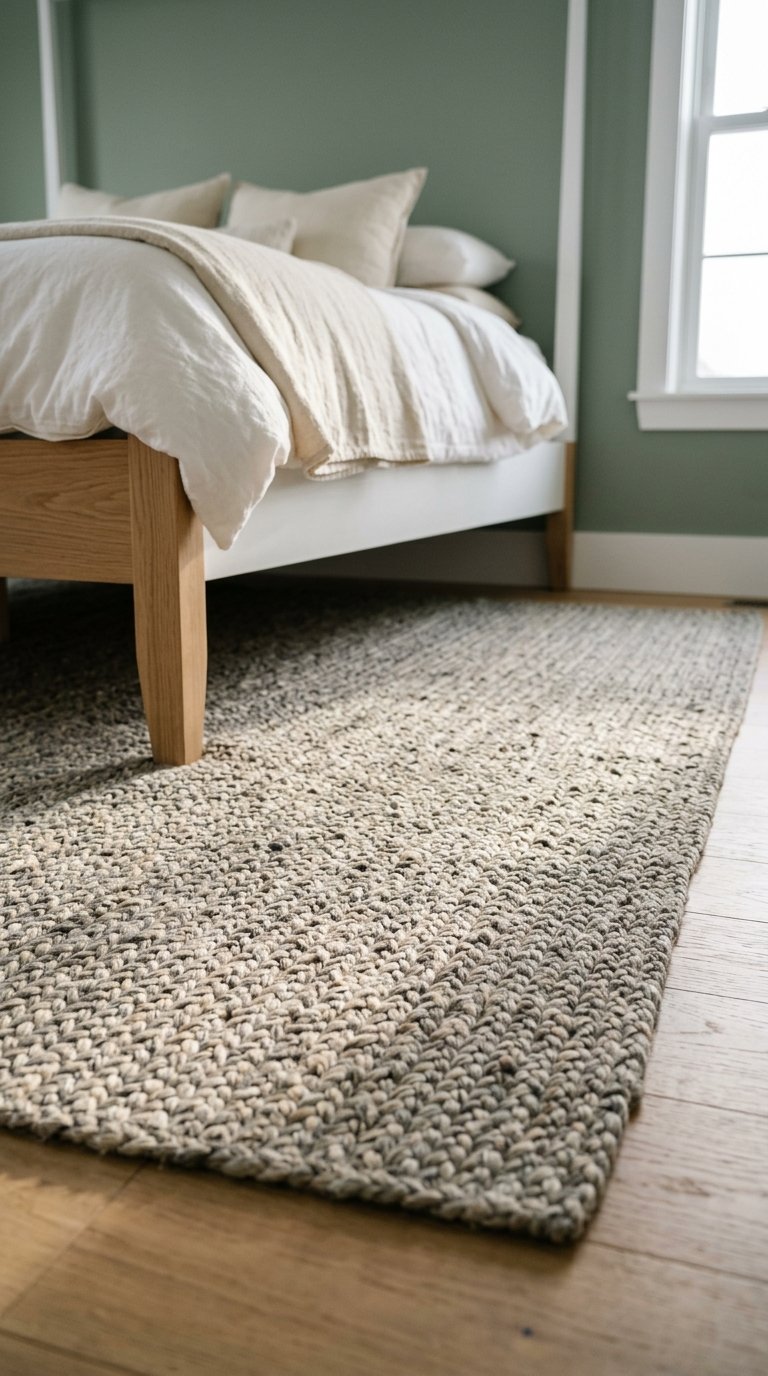 Grey Wool or Jute Rug Under a Sage Green and White Bed