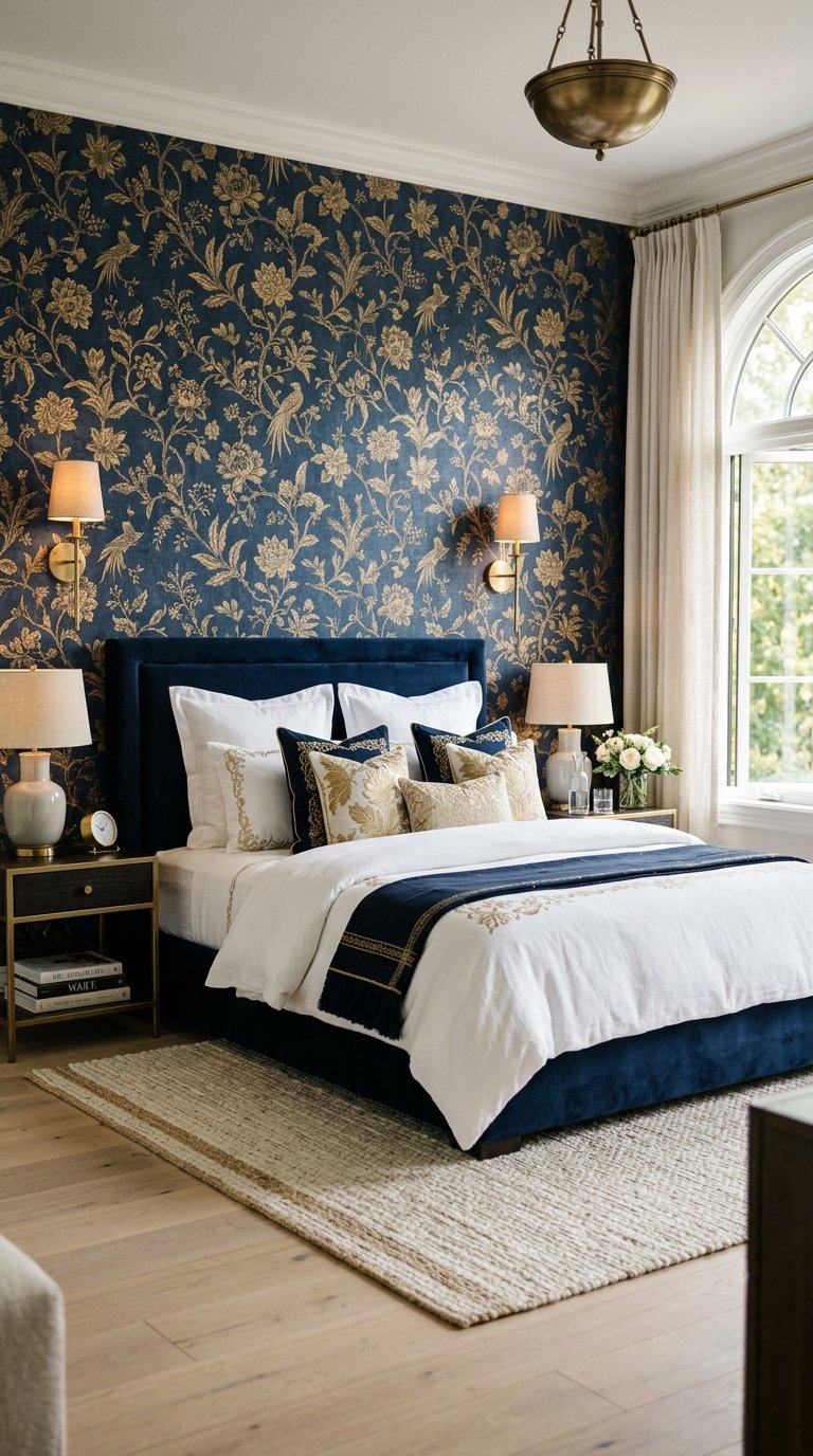 Hang Blue and Gold Wallpaper on the Headboard Wall