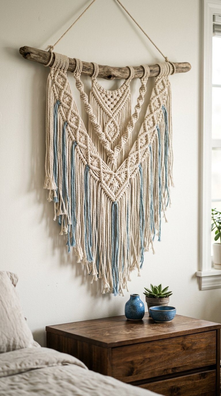 Hang a Macrame Wall Hanging in Natural and Blue Tones