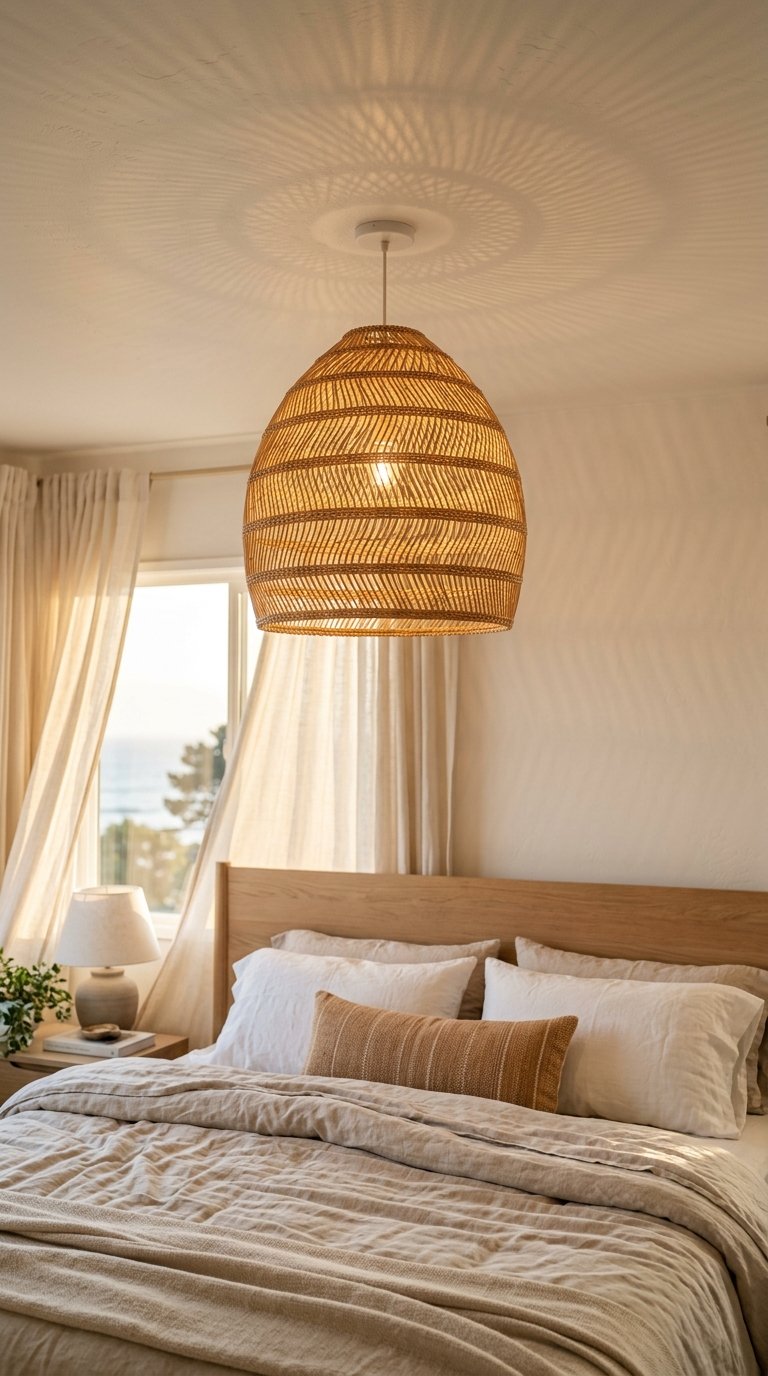 Hang a Rattan or Woven Pendant Light Above the Bed
