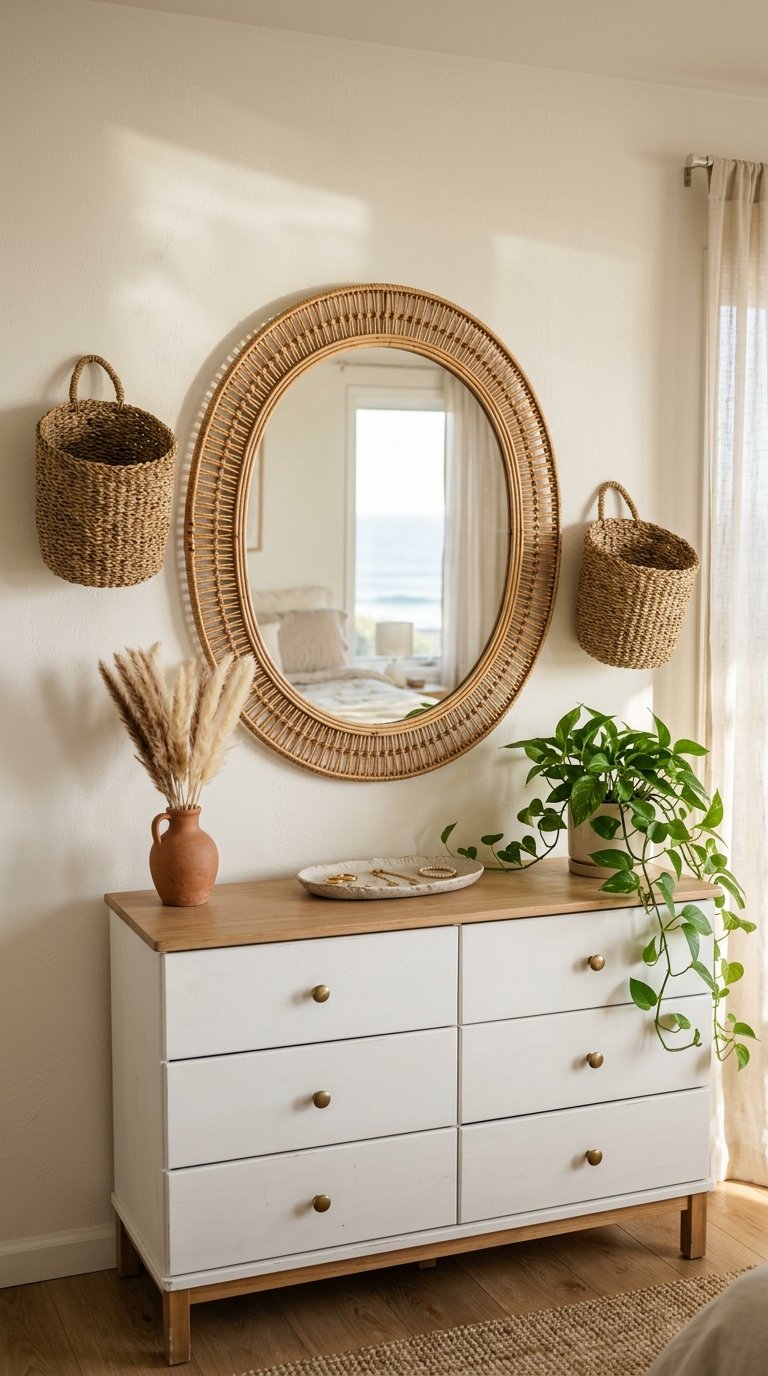 Hang a Round Rattan Mirror Above the Dresser