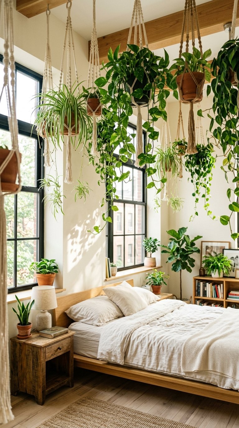 Hanging Plants From the Ceiling to Bring the Bedroom to Life