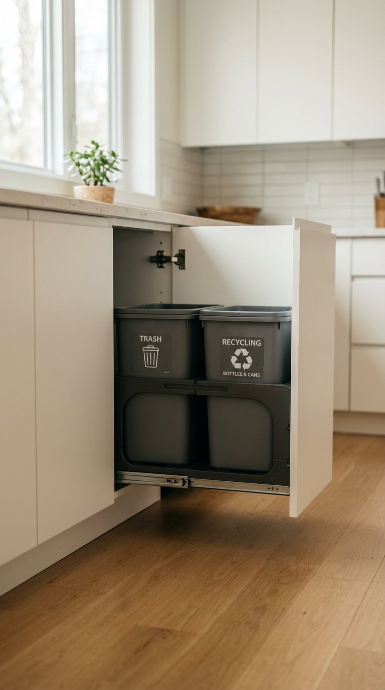Hidden Recycling and Trash System Inside a Base Cabinet