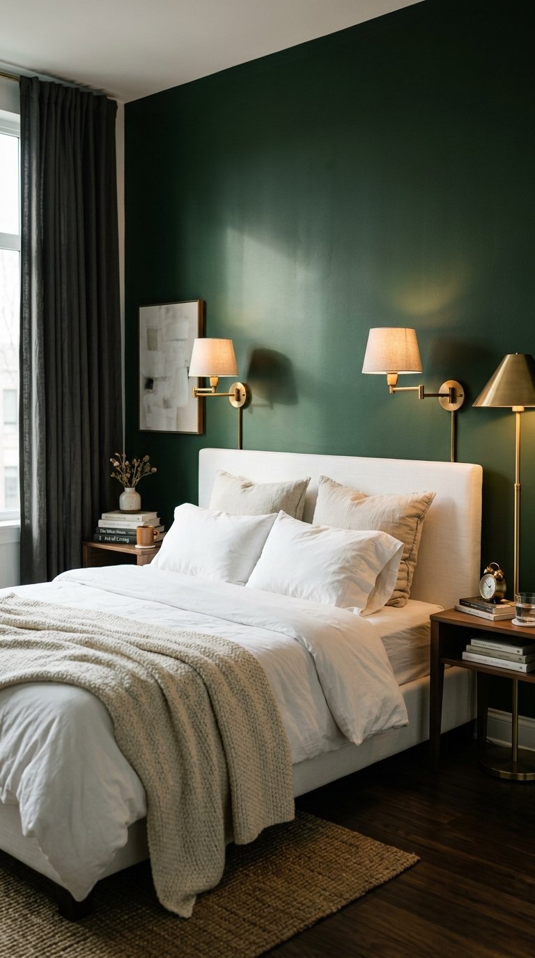 Hunter Green Accent Wall With White Bedding and Brass Accents