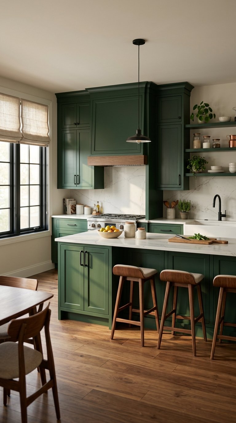 Hunter Green Cabinets With Black Hardware