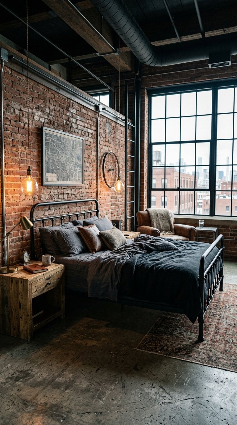 Industrial Style Bedroom With Exposed Brick and Metal Accents