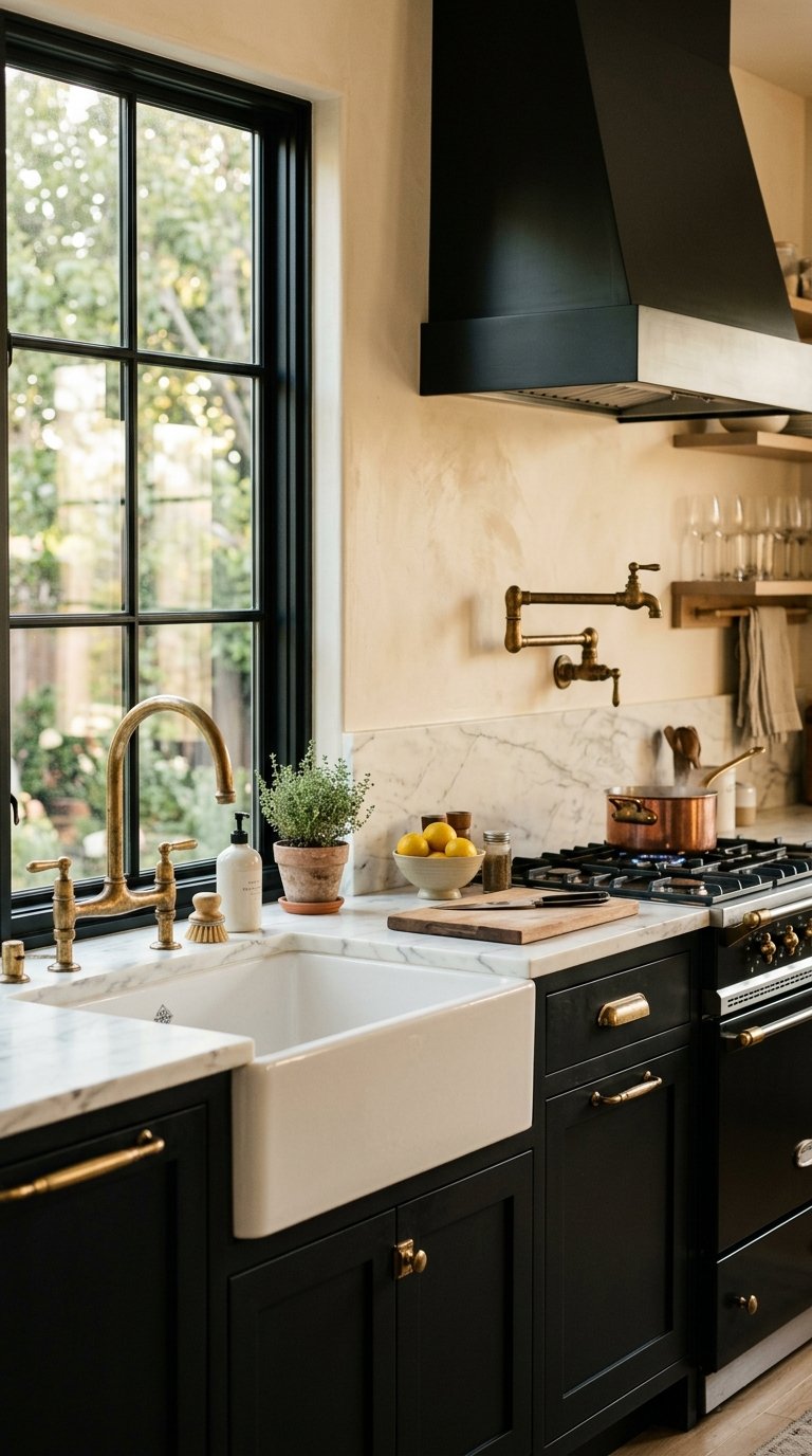 Install Black Cabinets with Unlacquered Brass Fixtures