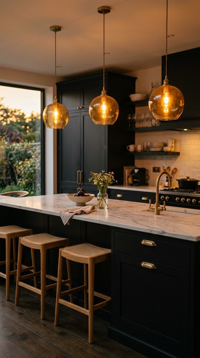 Install Black Cabinets with Warm Pendant Lighting