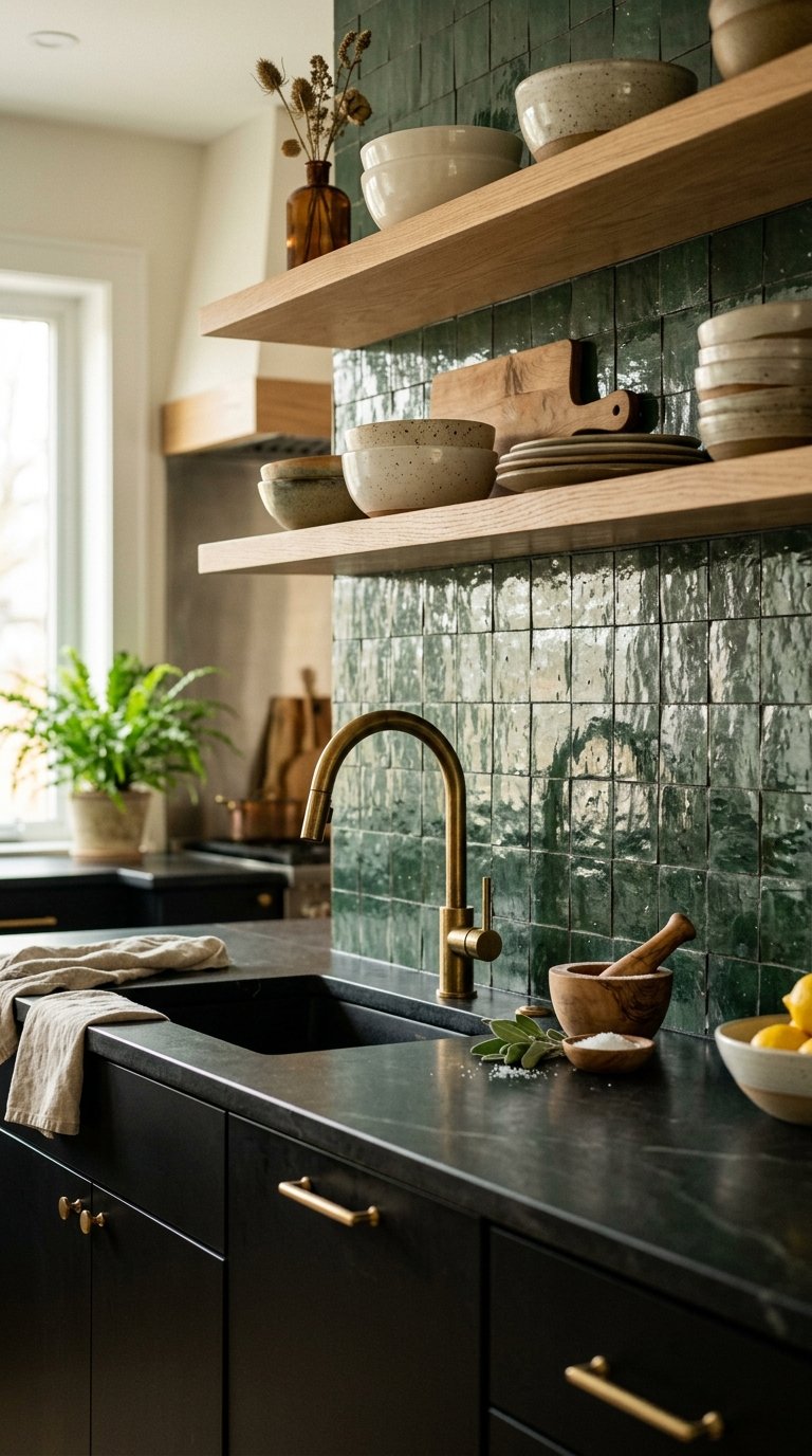 Install Black Cabinets with a Coloured Tile Backsplash