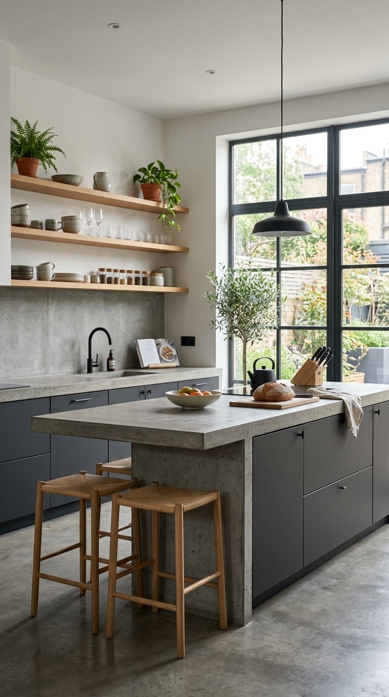 Install Charcoal Cabinets With Concrete Countertops