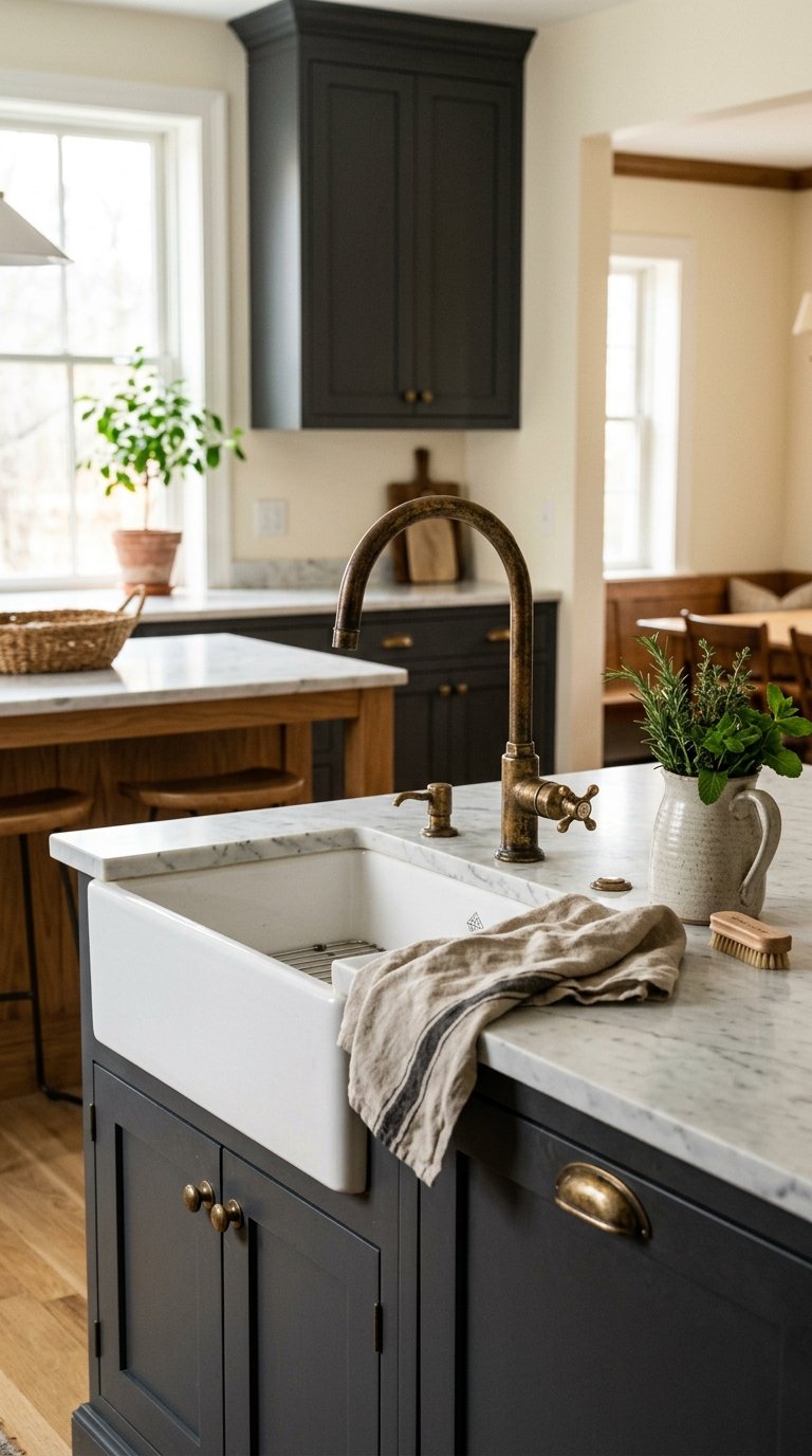 Install Charcoal Cabinets With Unlacquered Brass Faucets
