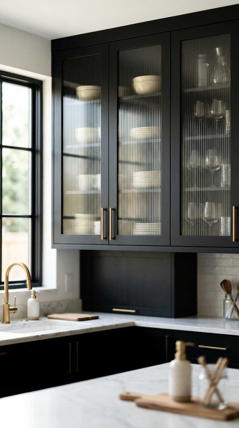 Install Glass-Front Doors on Black Upper Cabinets