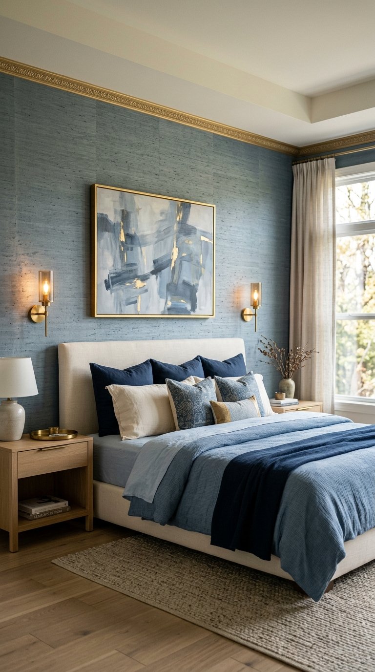 Install Grasscloth Wallpaper in Blue-Grey with Gold Trim