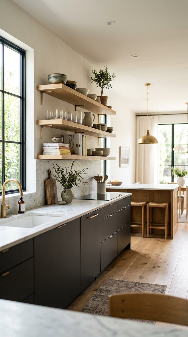 Install Open Shelving in White Oak Above Charcoal Cabinets