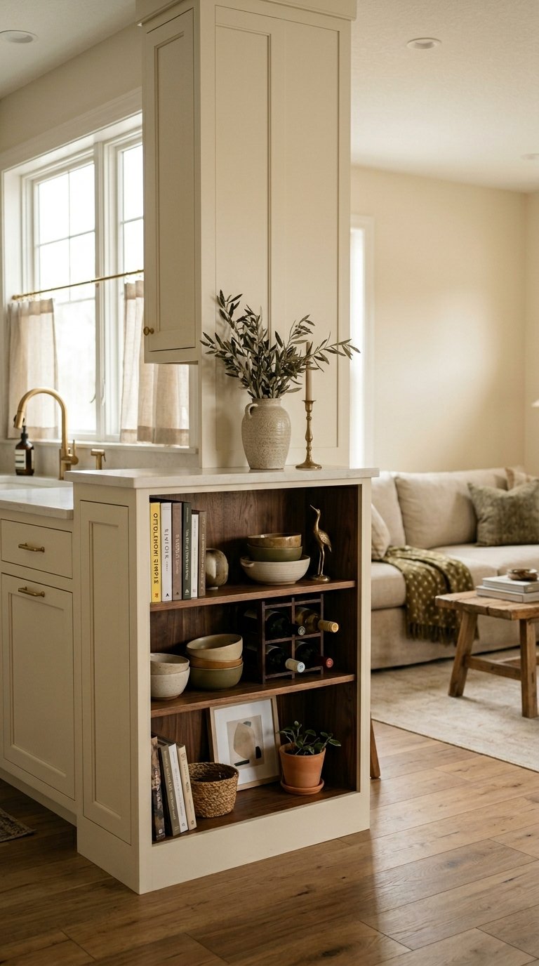 Install Open Shelving on the Living Room Side of the Peninsula