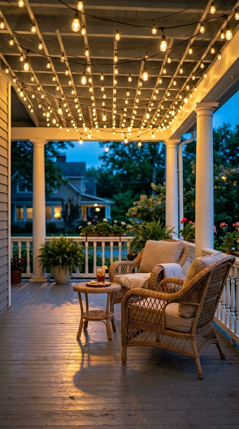 Install Outdoor String Lights Along the Porch Ceiling