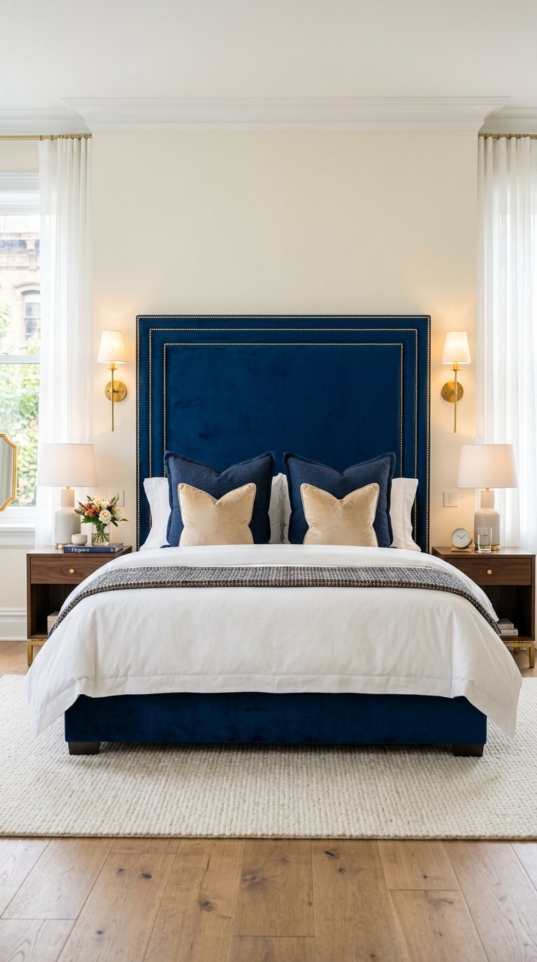 Install a Blue Velvet Headboard with Gold Nail Head Trim