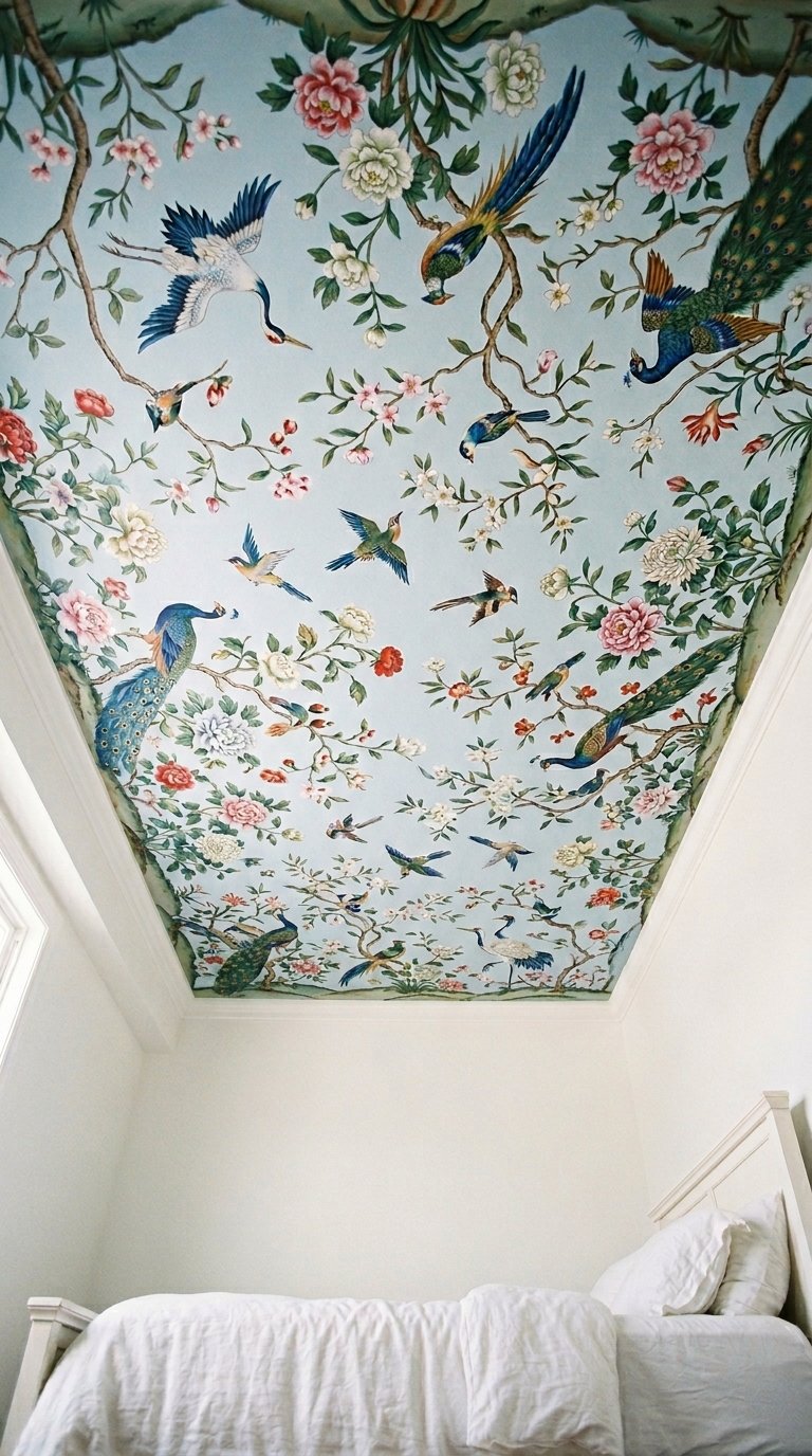 Install a Chinoiserie Mural Wallpaper on the Full Ceiling