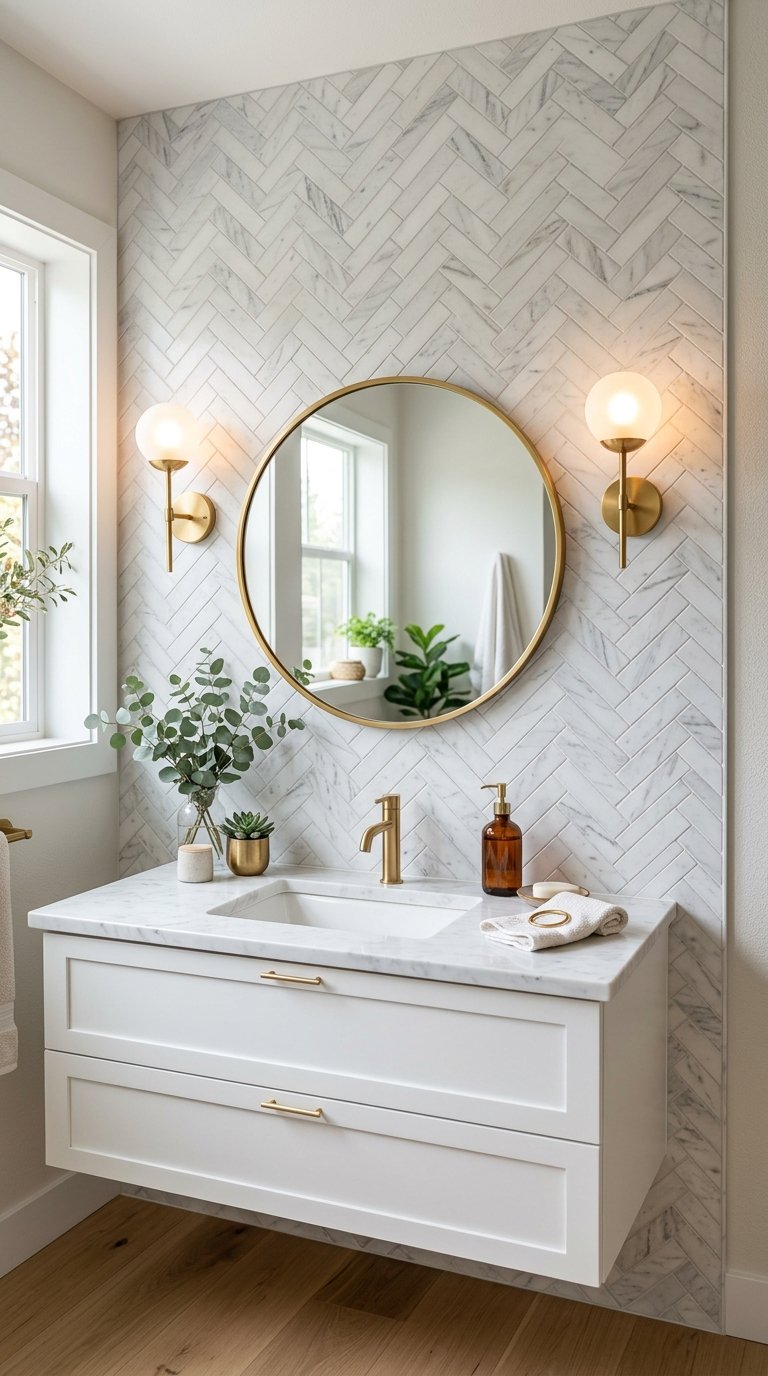 Install a Marble Herringbone Backsplash Behind the Vanity