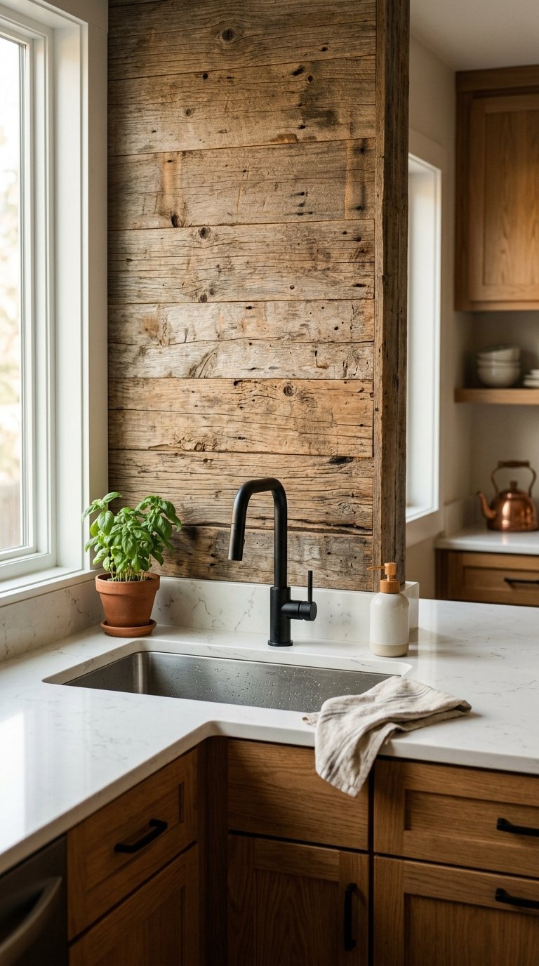Install a Reclaimed Wood Backsplash for a Warm, Organic Look