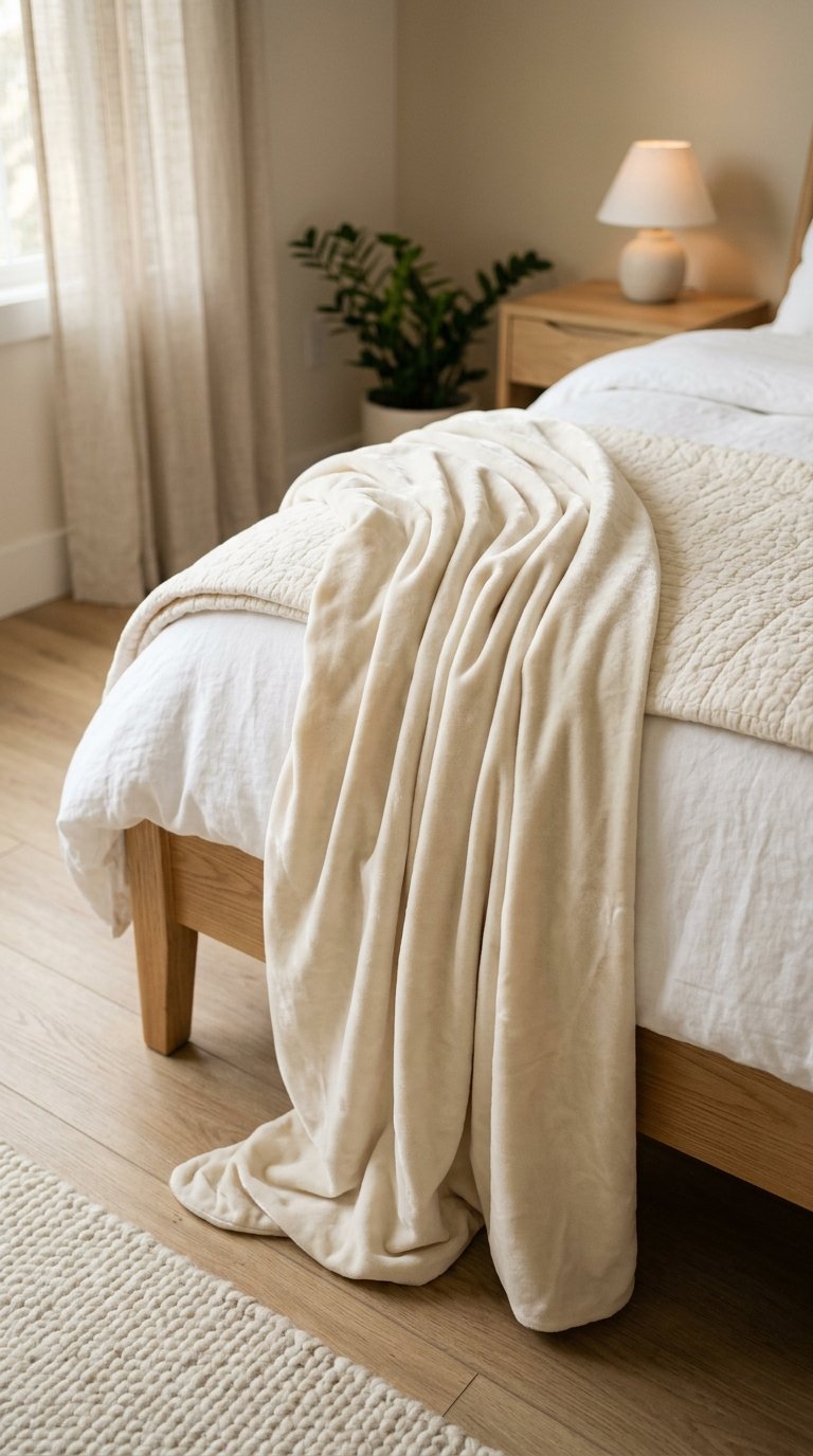 Ivory Velvet Throw Blanket Draped Over the Bed Corner