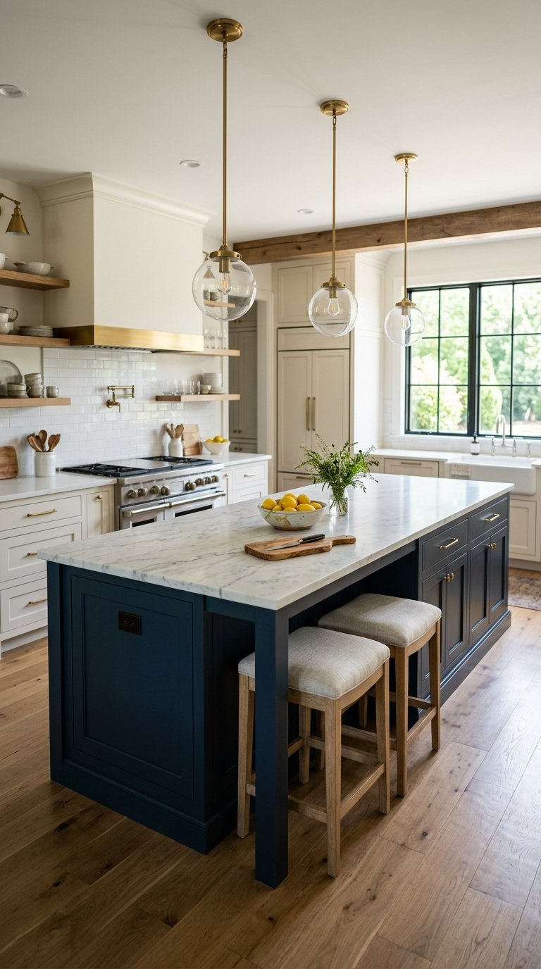 Kitchen Island With a Contrasting Color and Seating Overhang