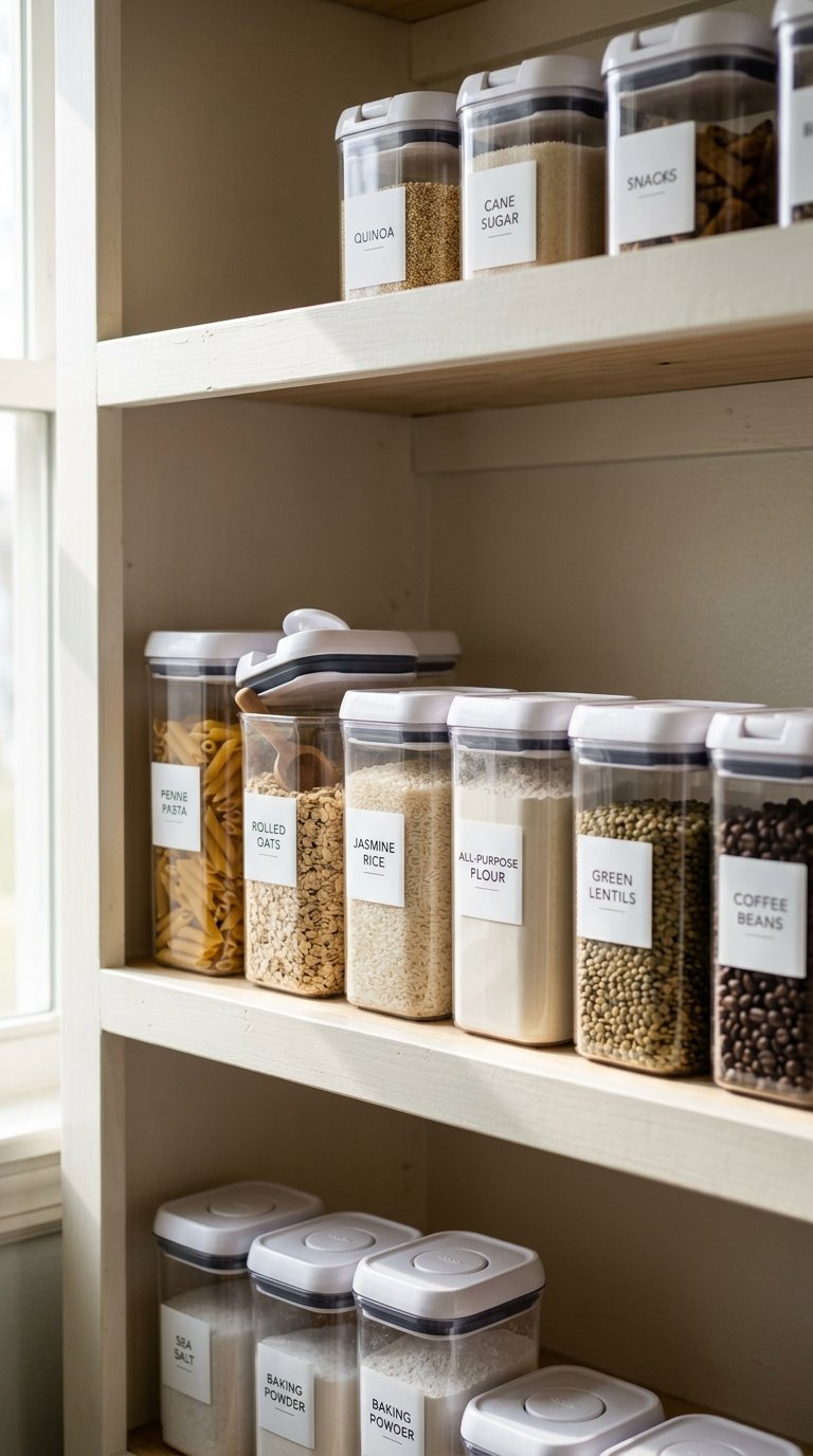 Labeled Airtight Container System on Open Shelves