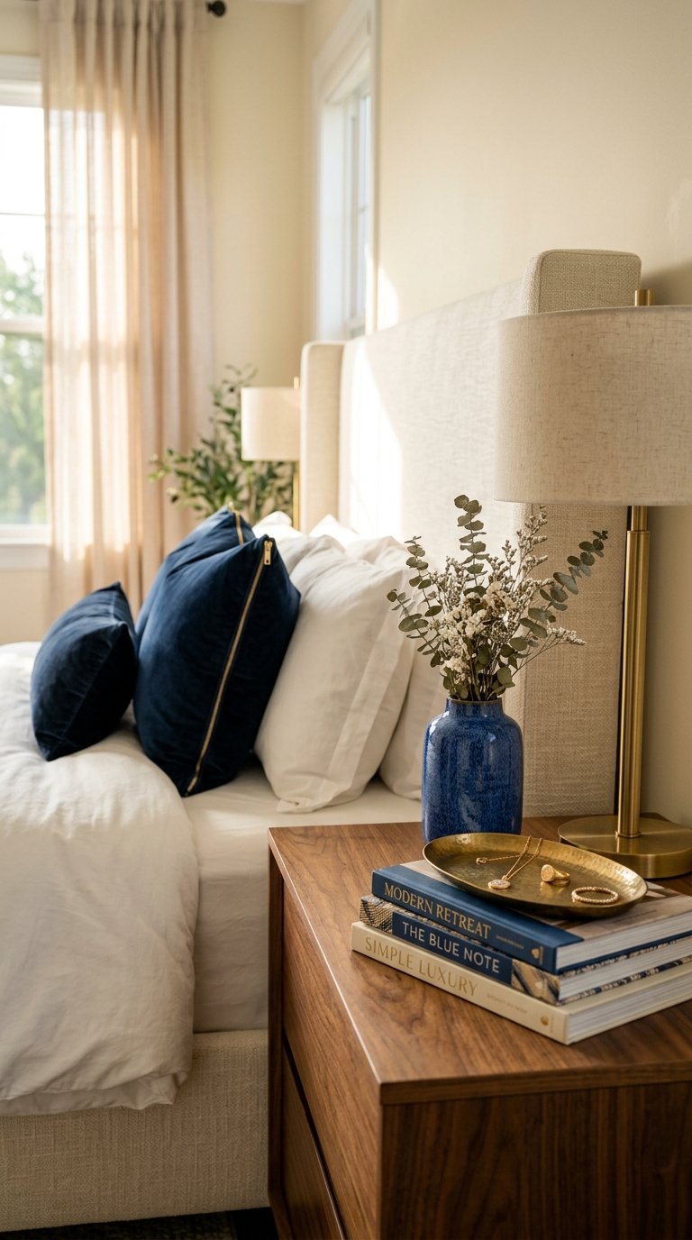 Layer Blue and Gold Through Bedside Table Styling