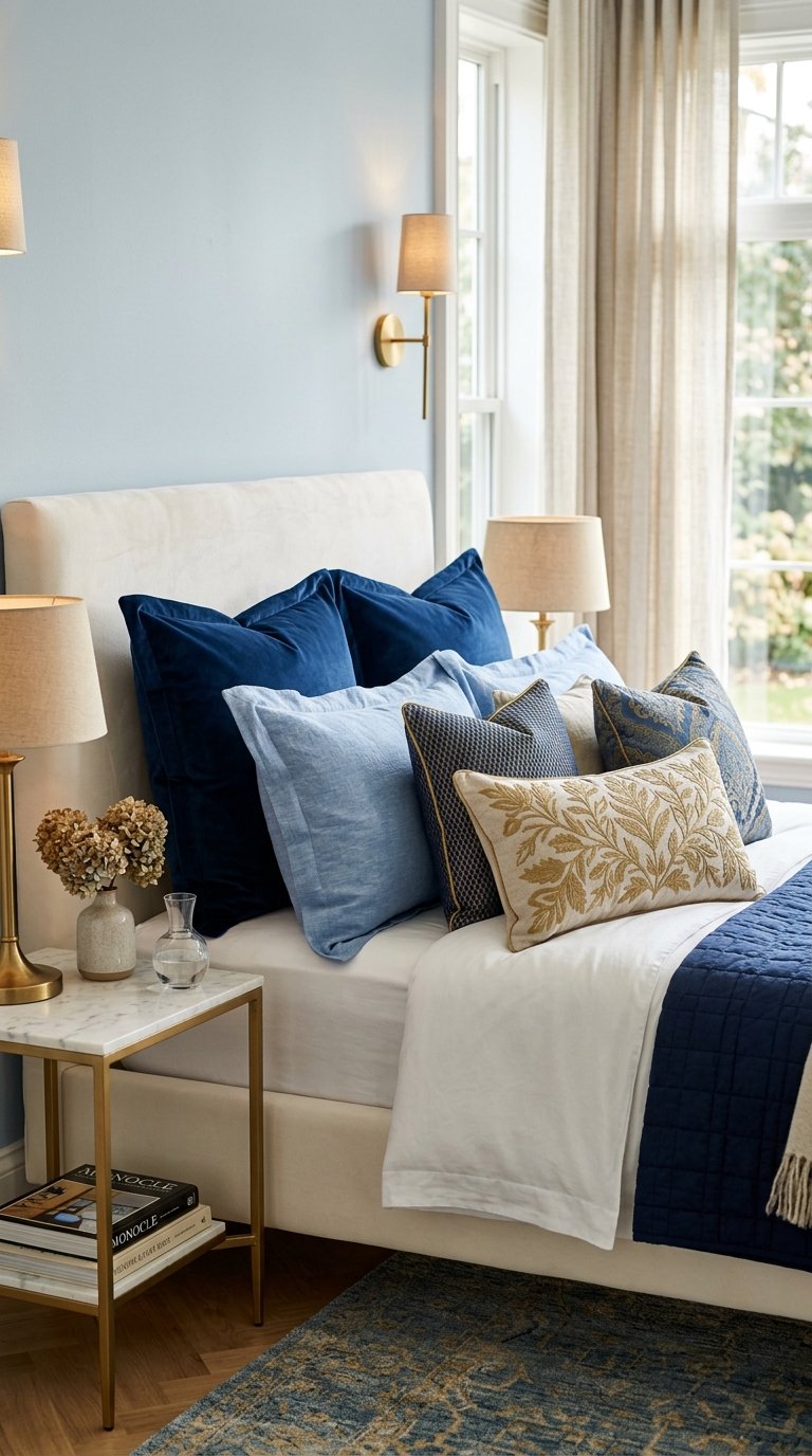 Layer Blue and Gold Throw Pillows in Varying Sizes