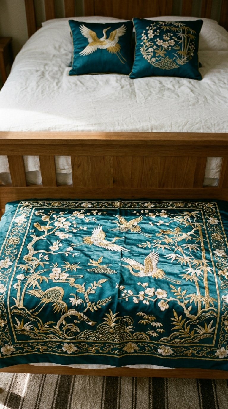 Layer Chinoiserie Textures with Embroidered Cushions and Throws