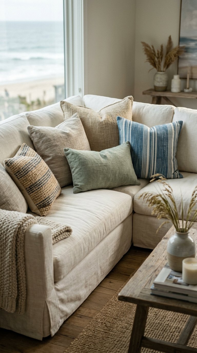 Layer Multiple Throw Pillows in a Coastal Mix