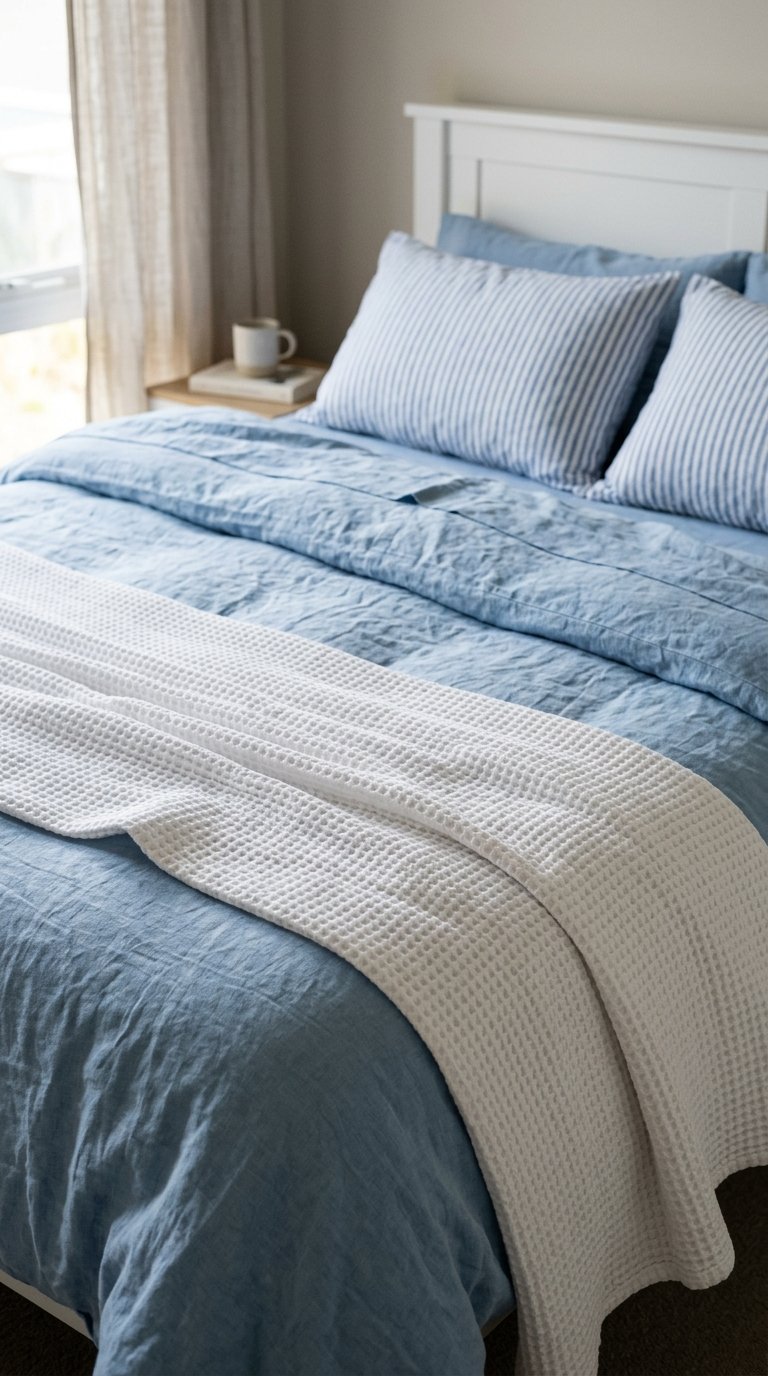 Layer a White Waffle-Weave Blanket Over Blue Bedding
