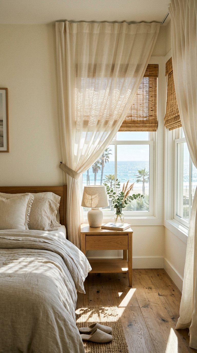 Layer a Woven Roman Shade With Linen Curtains