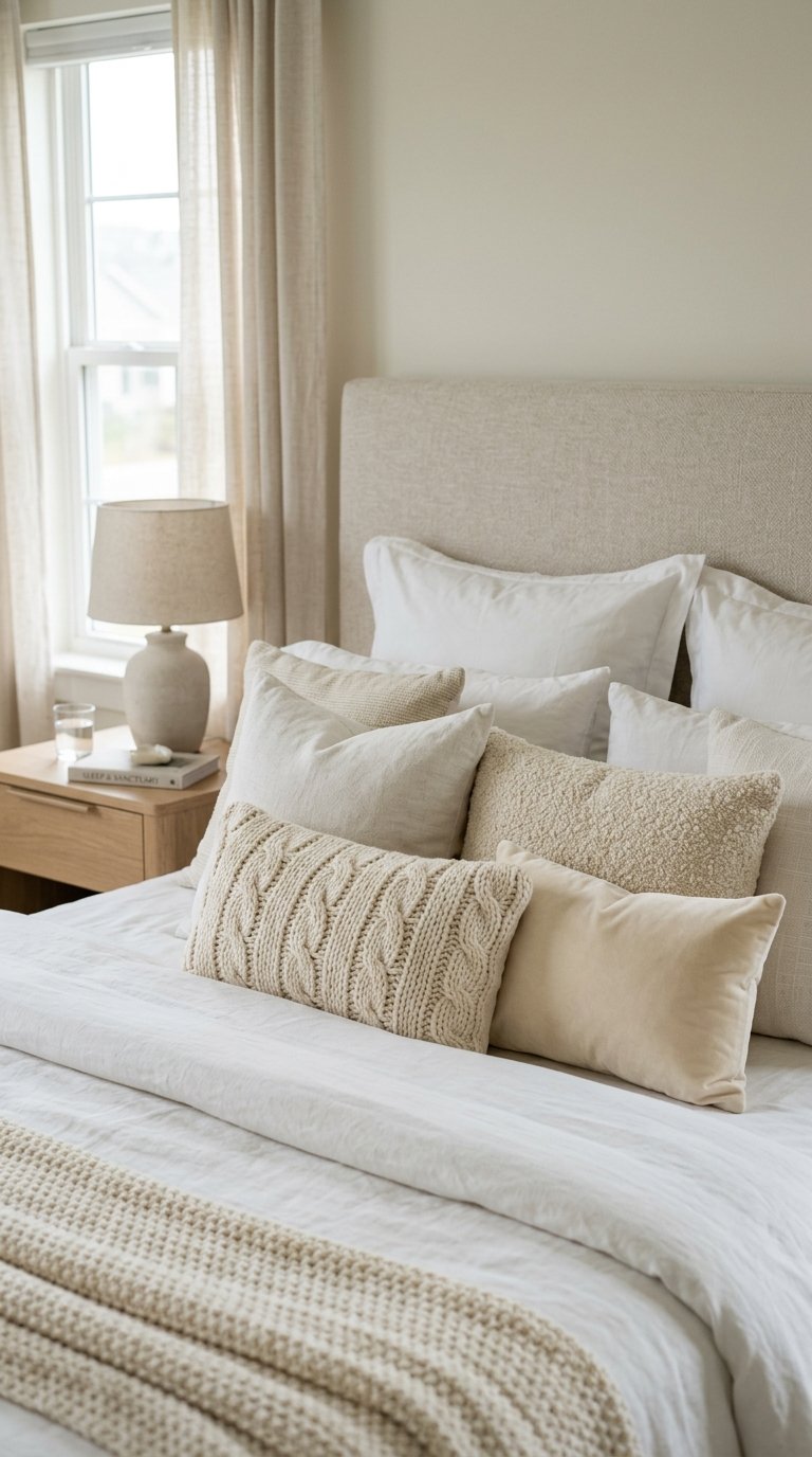 Layered White and Cream Throw Pillows in Different Textures