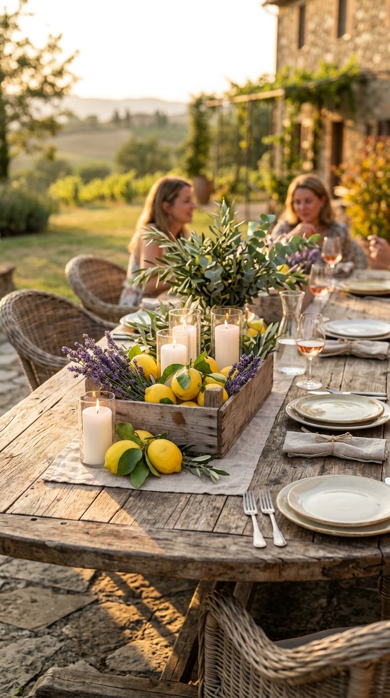 Lemon Centerpiece with Candles in a Crate