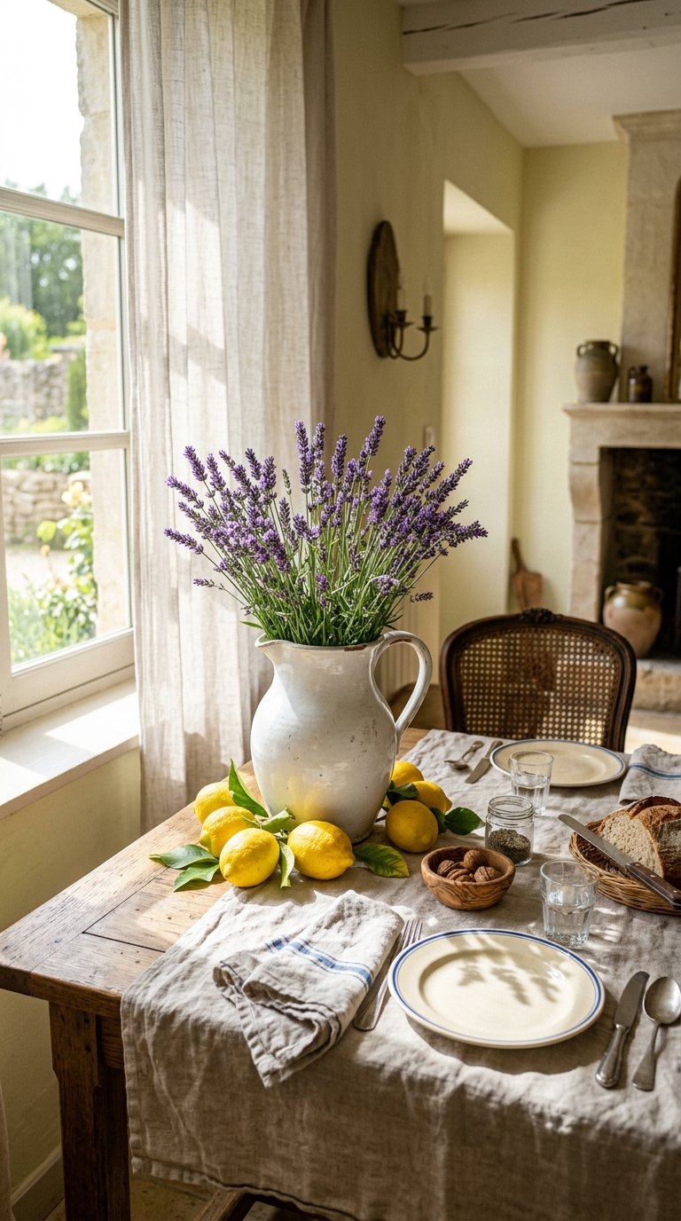 Lemon and Lavender Centerpiece in a White Pitcher
