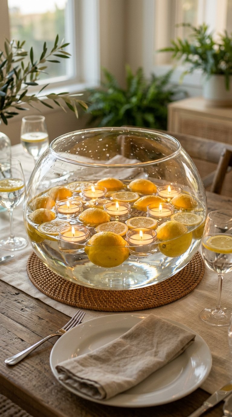 Lemons Floating in a Glass Bowl of Water
