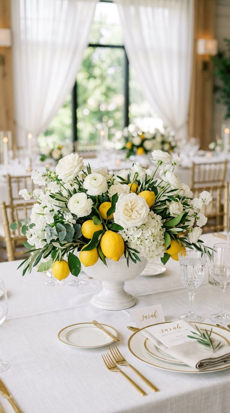 Lemons and White Flowers in a Low Compote Vase