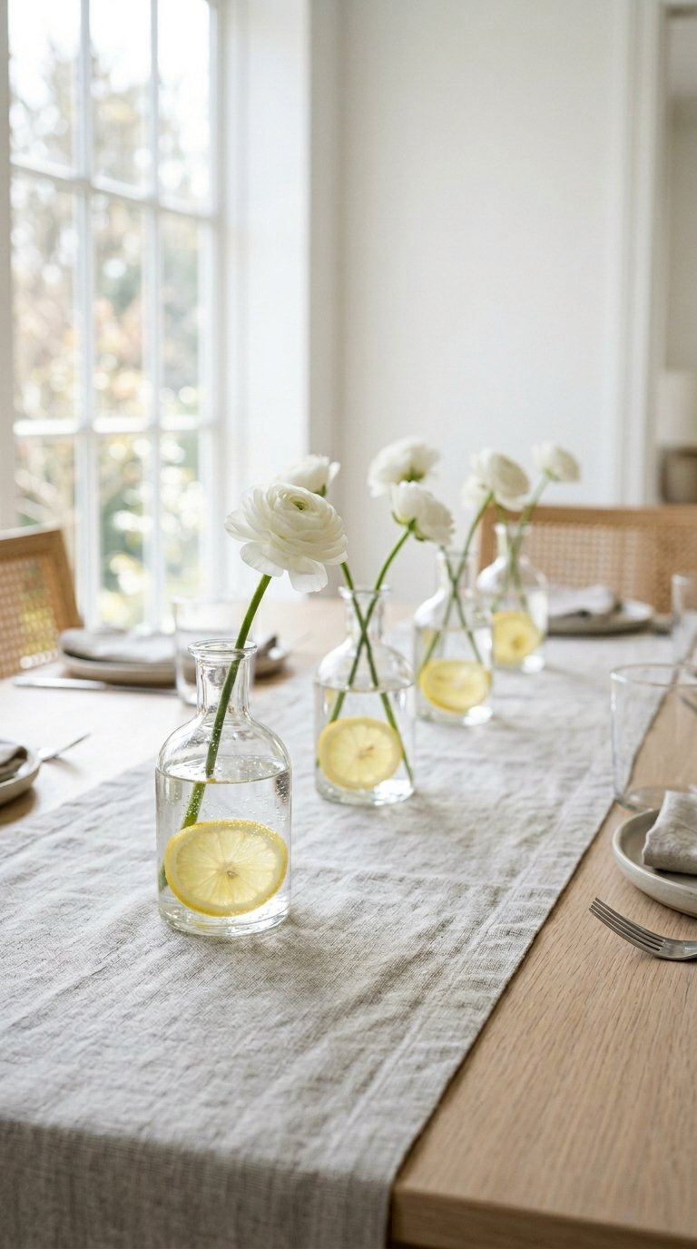 Lemons in Bud Vases as a Table Runner Display