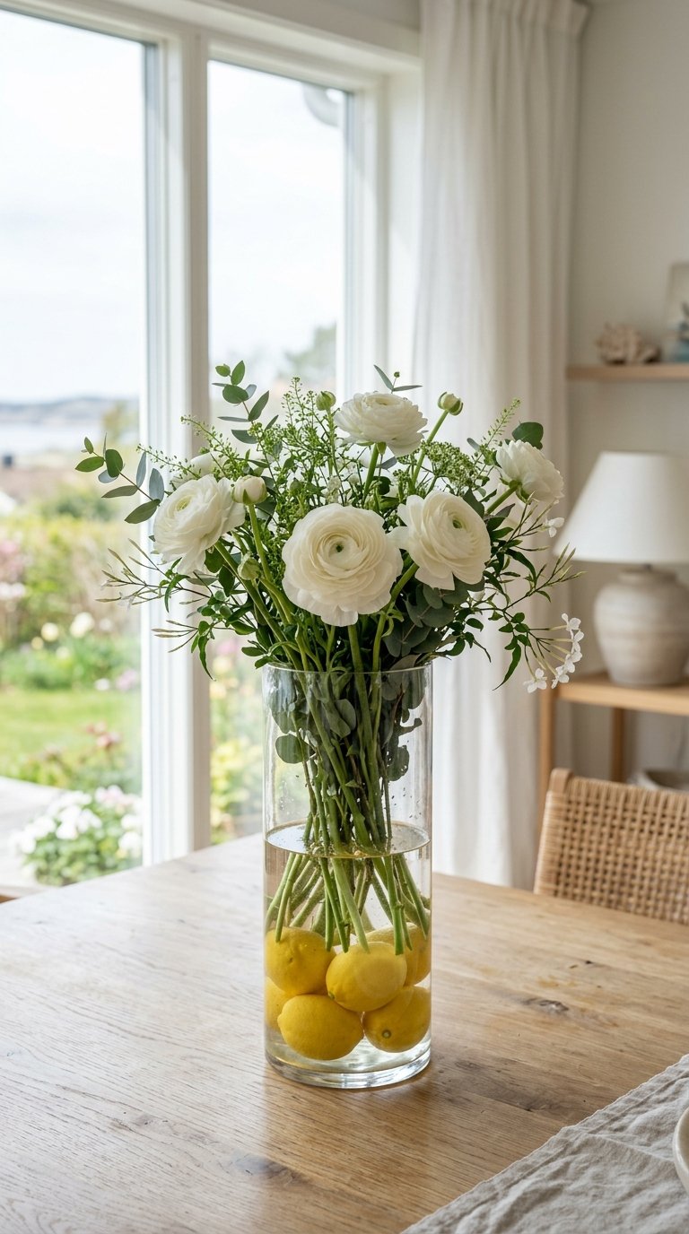 Lemons in a Tall Glass Vase with Flowers