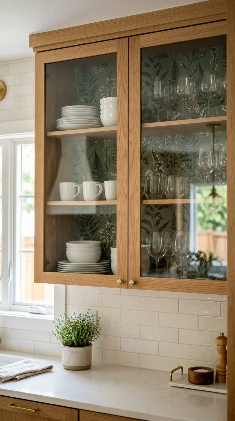 Line the Inside of Glass Cabinet Doors with Wallpaper or Fabric