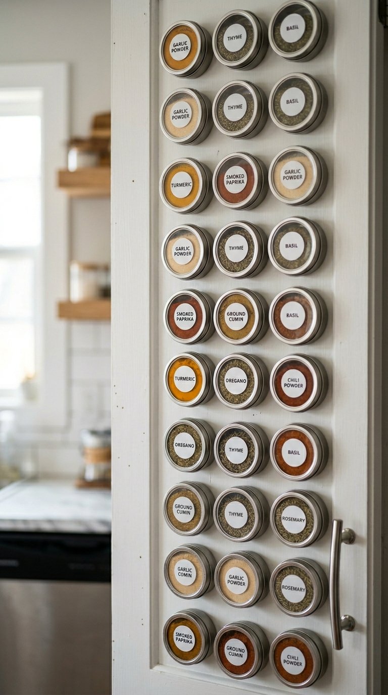 Magnetic Spice Jars on a Metal Pantry Wall Strip