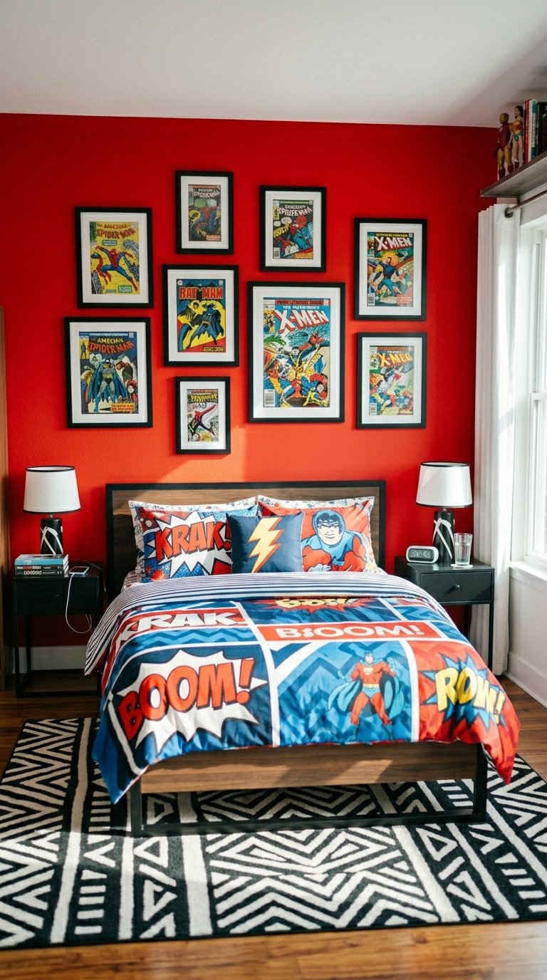Marvel Superhero Bedroom With Bold Primary Colors and Comic Book Art