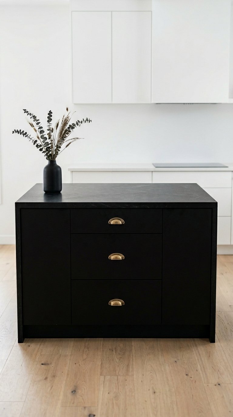 Matte Black Island With Black Countertop for a Tone-on-Tone Look