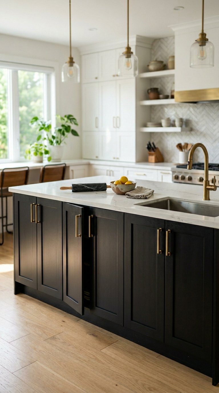 Matte Black Shaker Island With White Quartz Countertop
