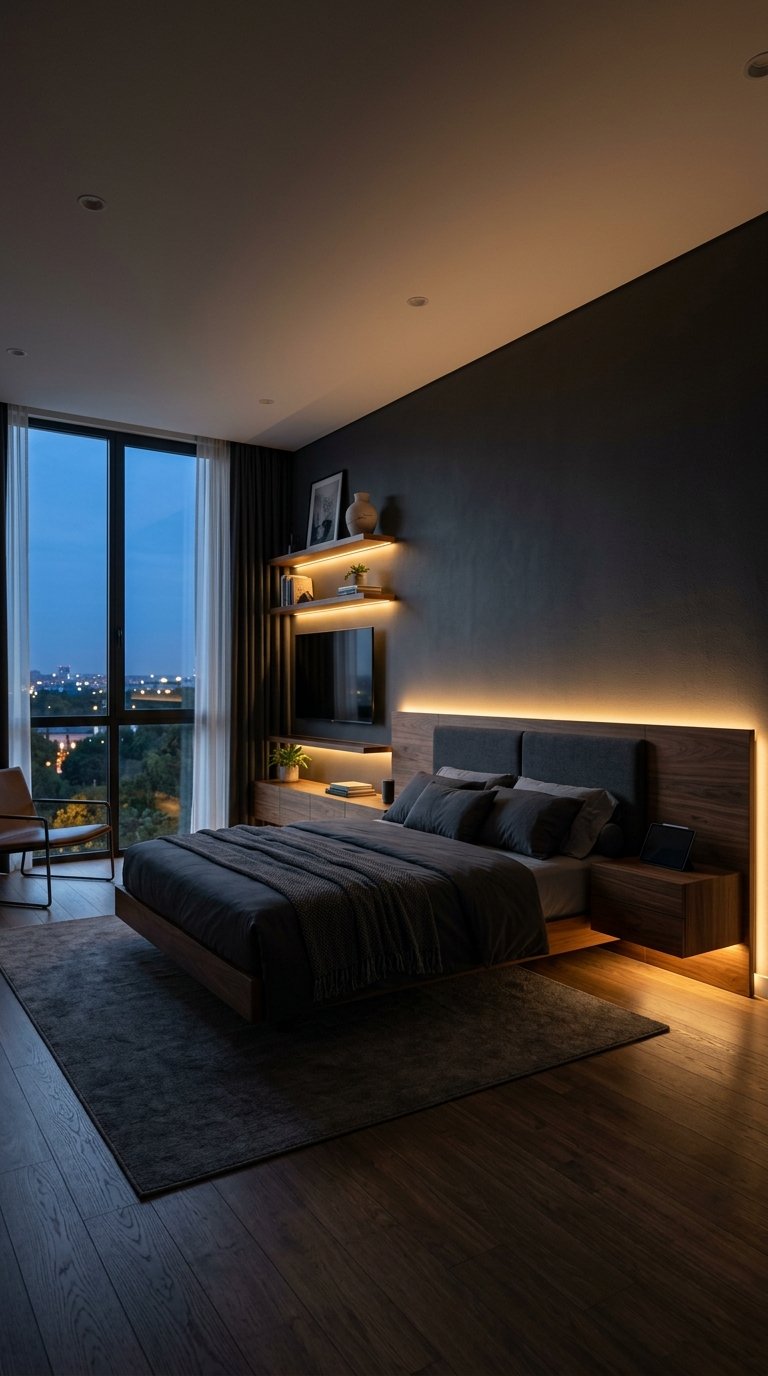 Men's Bedroom With Integrated Technology and Smart Lighting