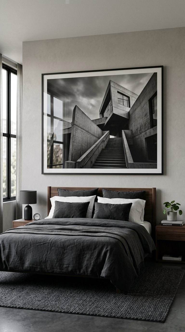 Men's Bedroom With Large Format Wall Art or a Photographic Print