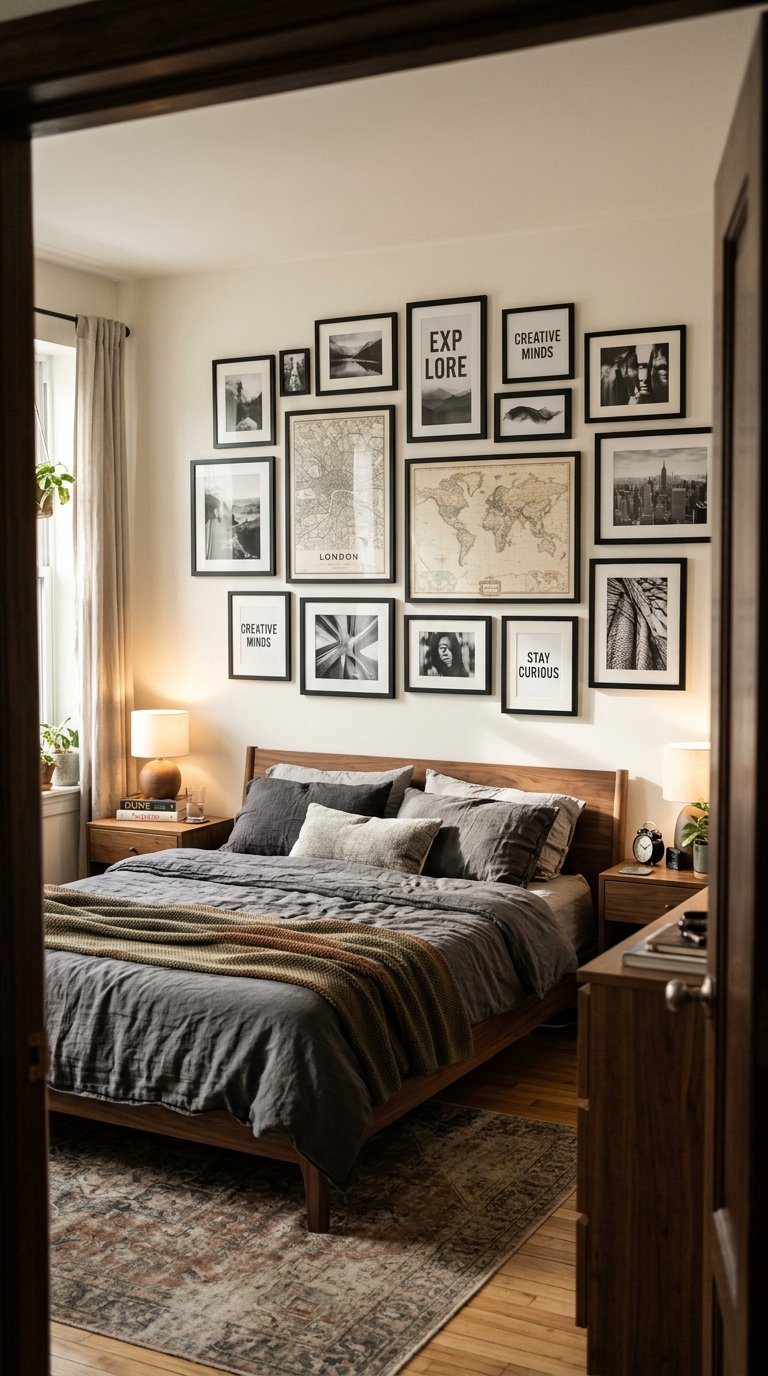 Men's Bedroom With a Gallery Wall of Personal Photographs and Art